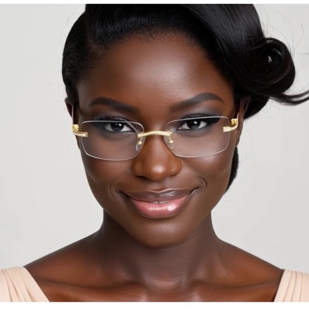 Rimless Gold Crystal Embellished Sunglasses Brown Wood Temples Gradient Lens